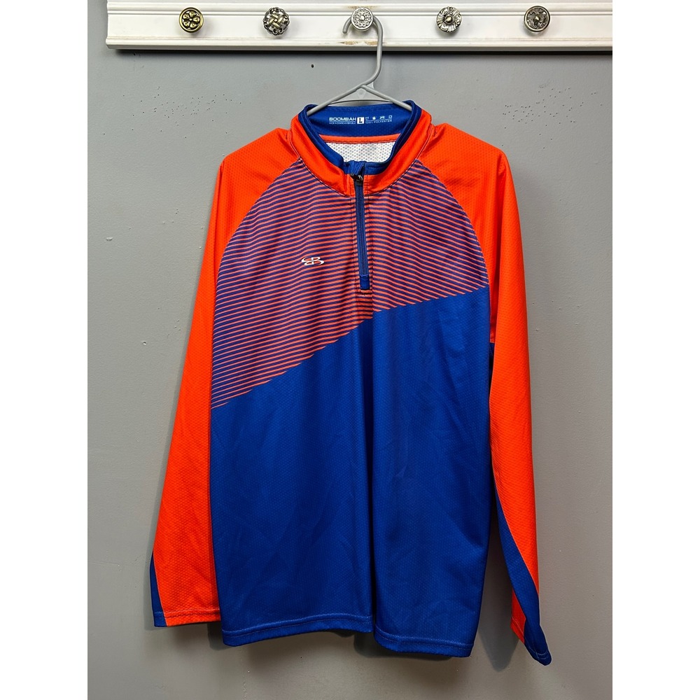 Boombah Shirt Mens Large Blue Orange Striped 1/4‎ Zip Performance Baseball